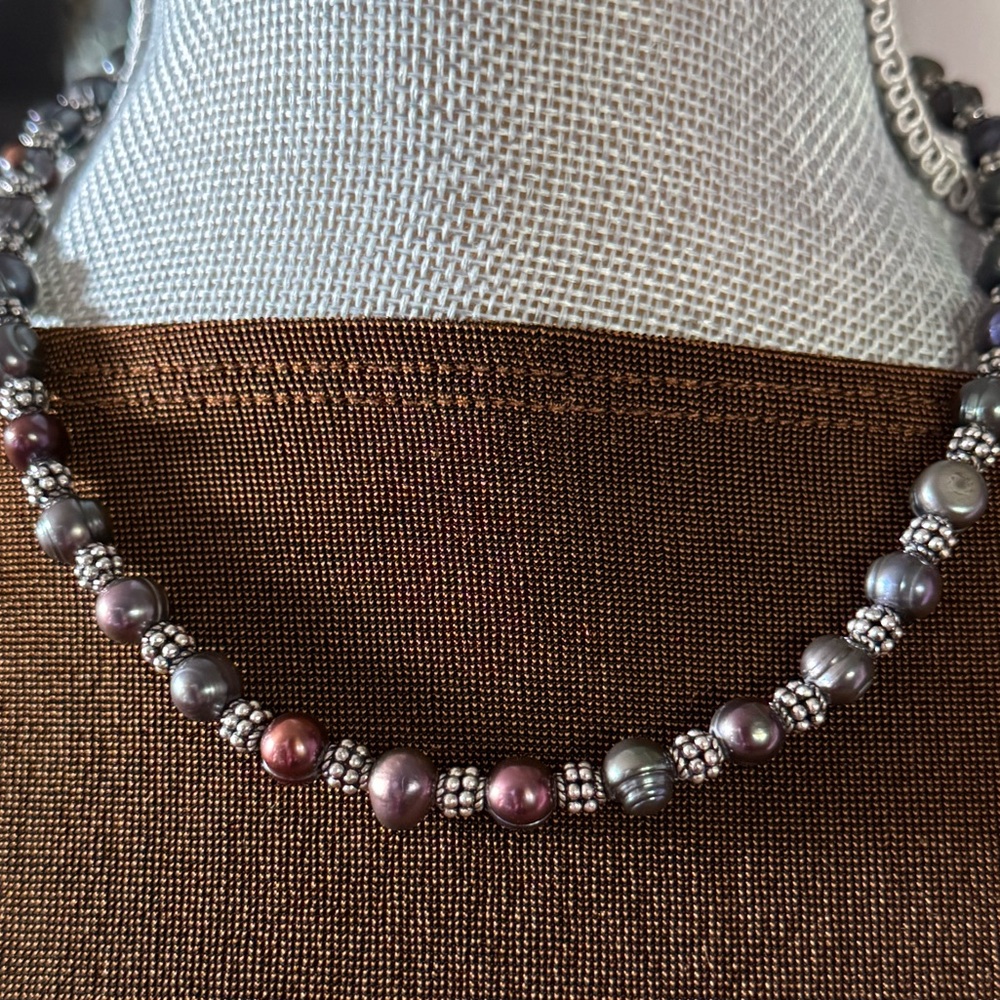 Vintage Paula Cain Multi-Shade Black Pearl & Silver Toggle Necklace Like New 18”